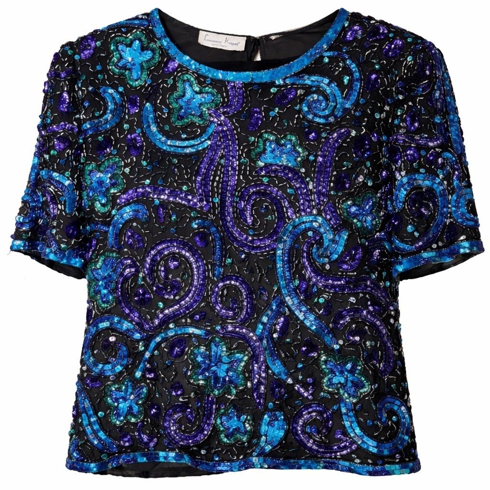 Vtg Laurence Kazar Sequin Evening Blouse XL Teal Purple Silk Beaded Art Deco